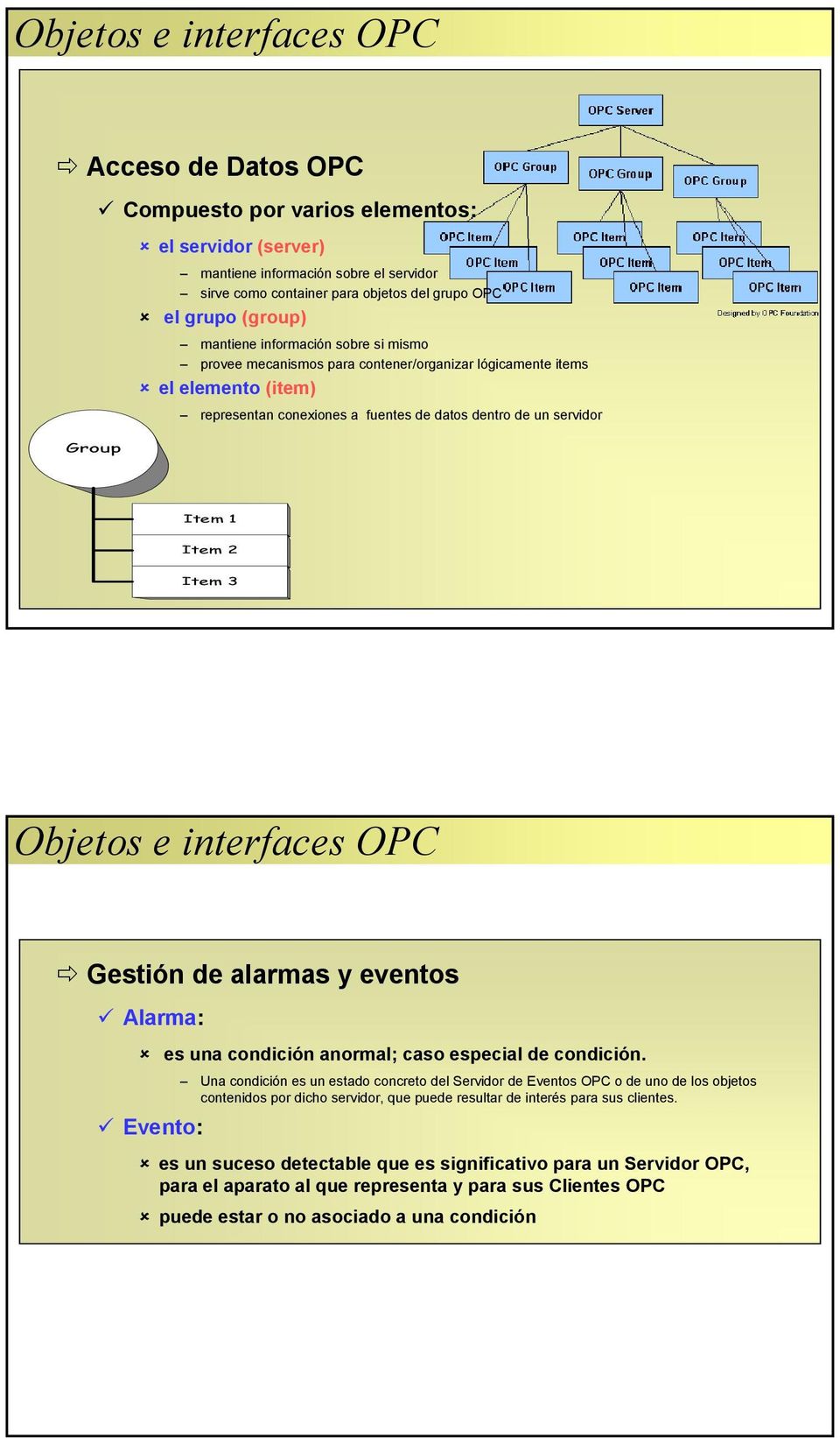 2 Item 3 Objetos e interfaces OPC Gestión de alarmas y eventos Alarma: Evento: es una condición anormal; caso especial de condición.