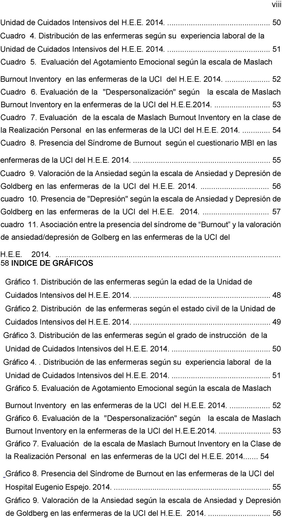 Evaluación de la "Despersonalización" según la escala de Maslach Burnout Inventory en la enfermeras de la UCI del H.E.E.2014.... 53 Cuadro 7.