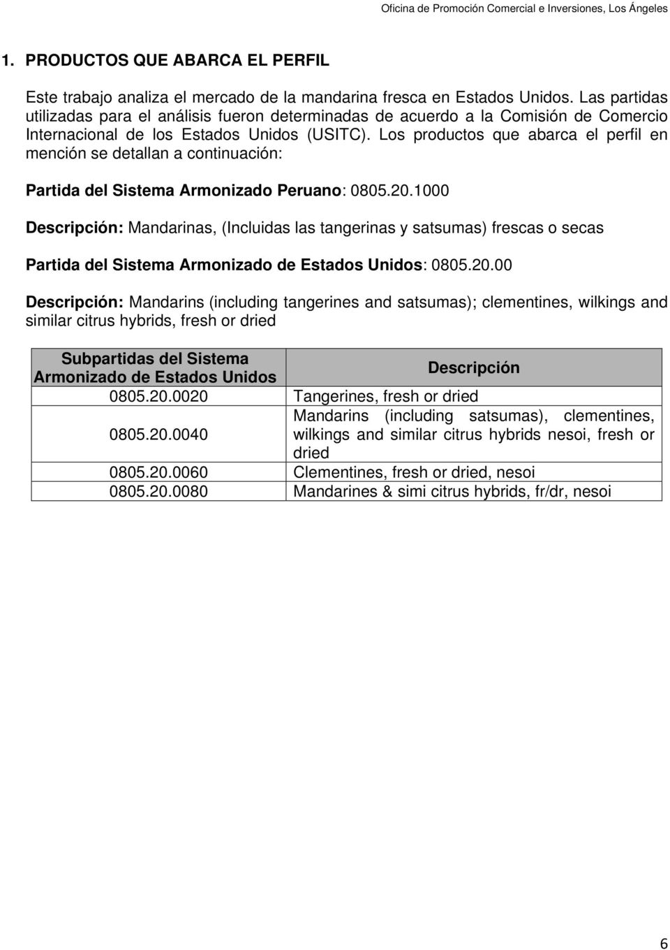 Los productos que abarca el perfil en mención se detallan a continuación: Partida del Sistema Armonizado Peruano: 0805.20.