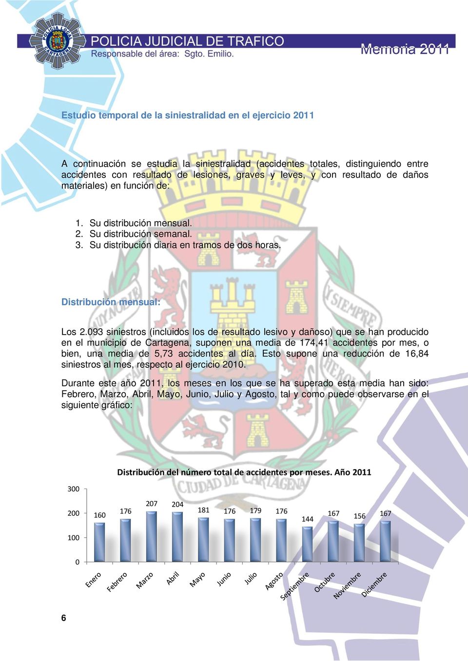093 siniestros (incluidos los de resultado lesivo y dañoso) que se han producido en el municipio de Cartagena, suponen una media de 174,41 accidentes por mes, o bien, una media de 5,73 accidentes al