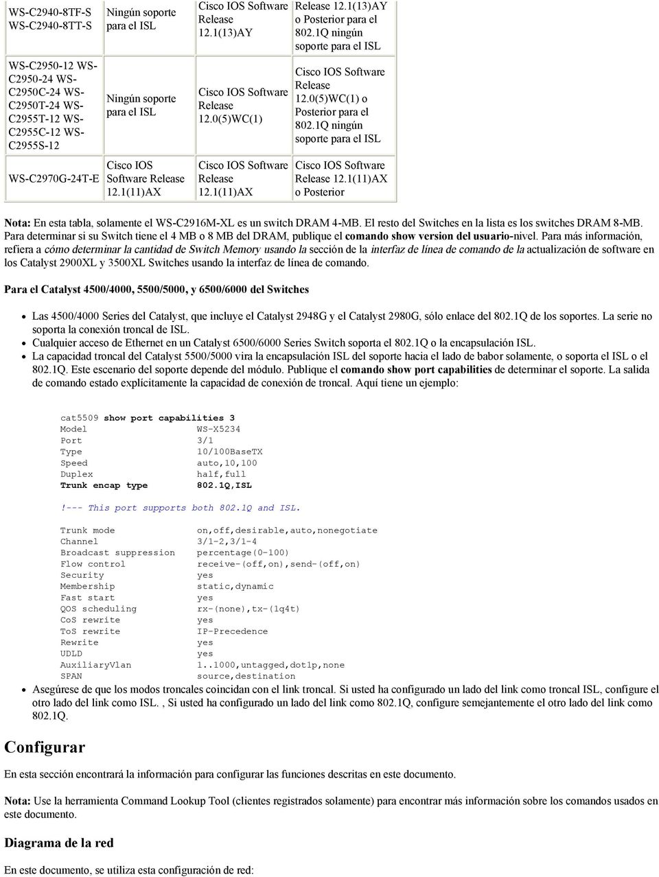 1Q ningún soporte para el ISL WS-C2970G-24T-E Cisco IOS Software 12.1(11)AX 12.1(11)AX 12.1(11)AX o Posterior Nota: En esta tabla, solamente el WS-C2916M-XL es un switch DRAM 4-MB.
