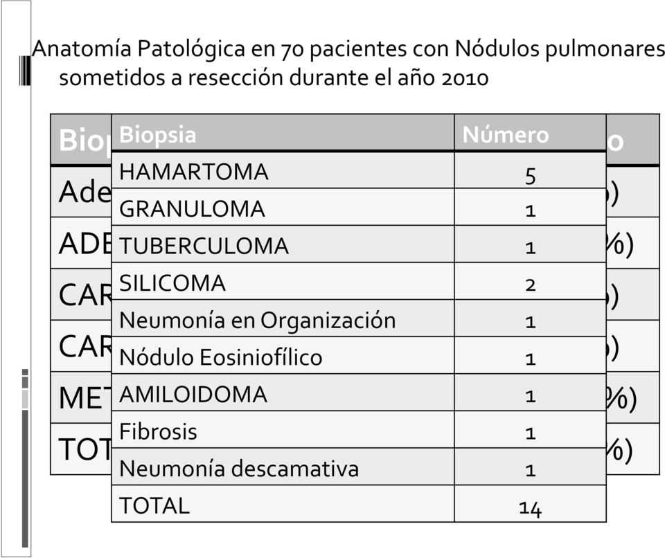 Biopsia HAMARTOMA GRANULOMA SILICOMA Neumonía(en(Organización Nódulo(Eosiniofílico AMILOIDOMA Fibrosis