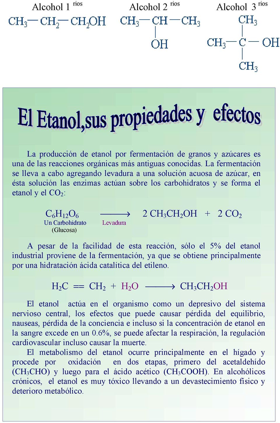 Carbohidrato (Glucosa) 2 CH 3 CH 2 OH + 2 CO 2 Levadura A pesar de la facilidad de esta reacción, sólo el 5% del etanol industrial proviene de la fermentación, ya que se obtiene principalmente por