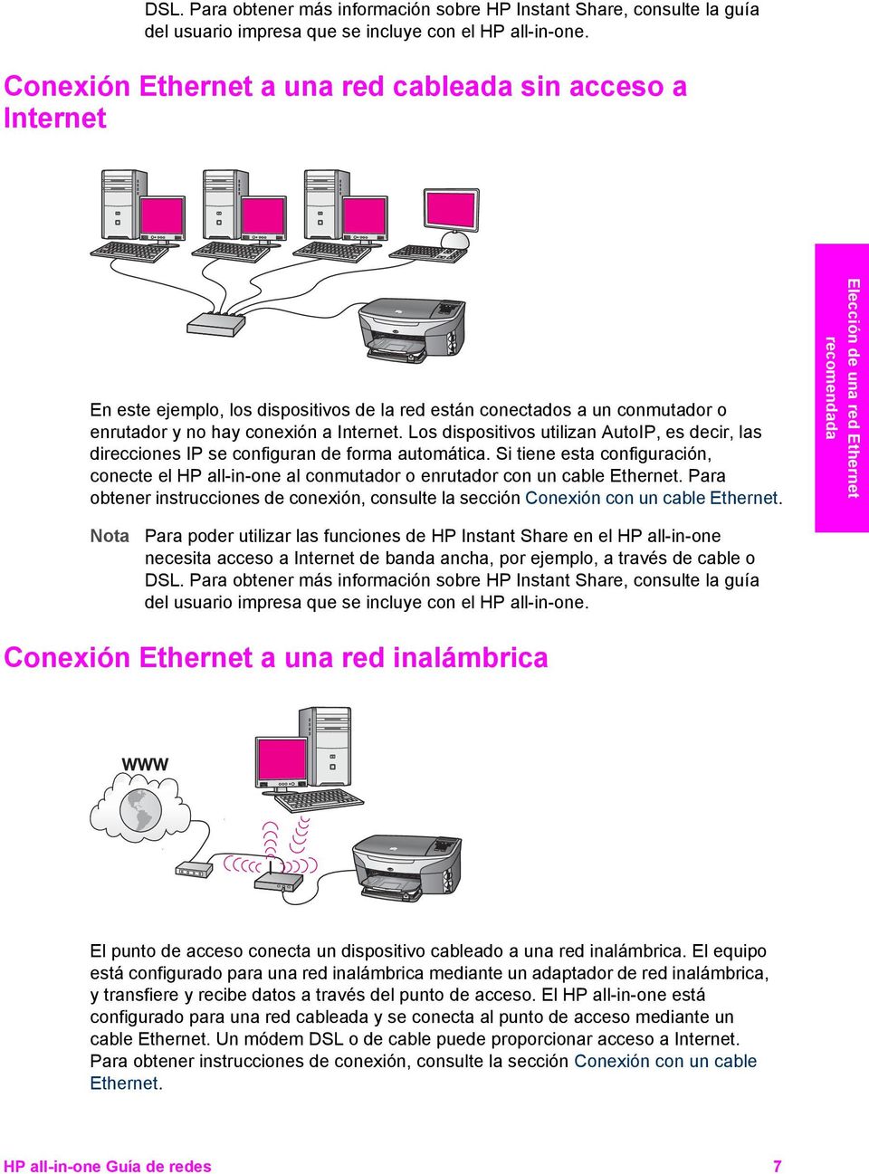 Los dispositivos utilizan AutoIP, es decir, las direcciones IP se configuran de forma automática. Si tiene esta configuración, conecte el HP all-in-one al conmutador o enrutador con un cable Ethernet.