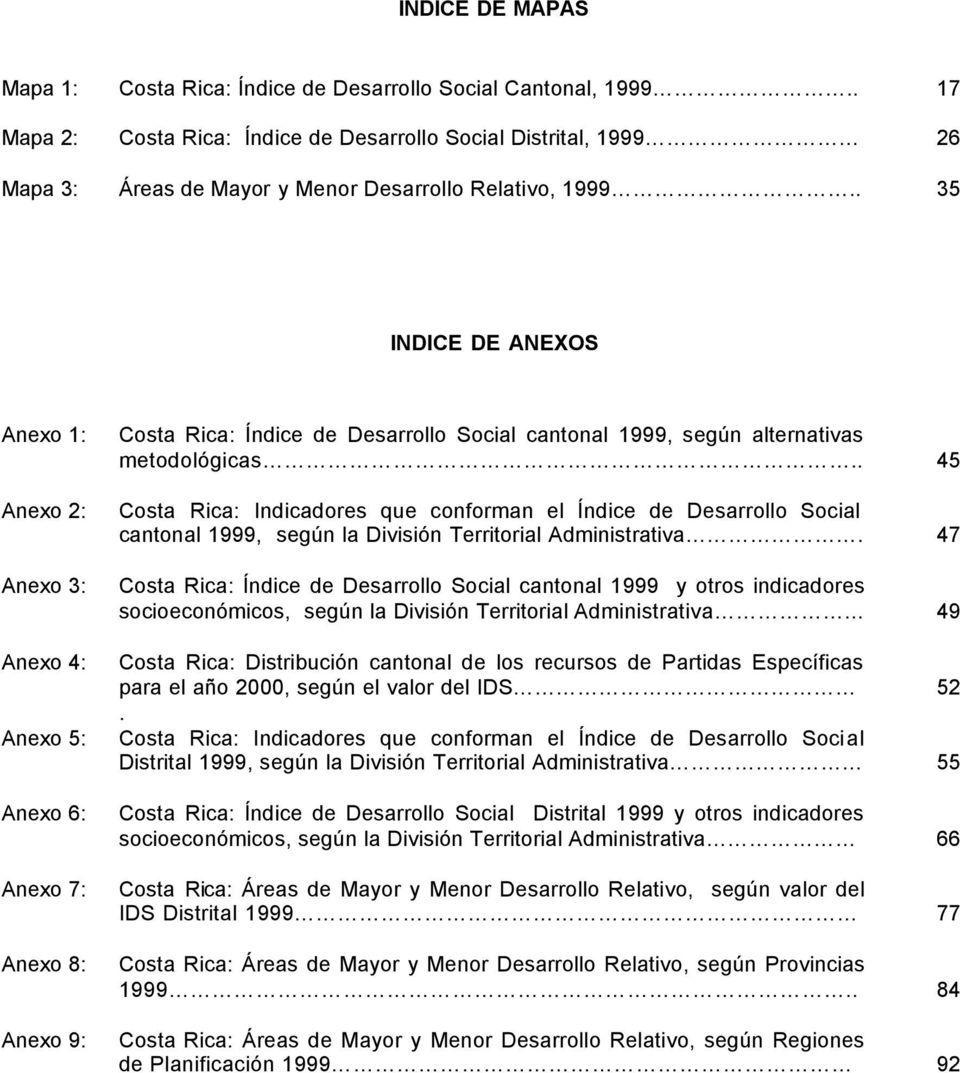 . 35 INDICE DE ANEXOS Anexo 1: Anexo 2: Anexo 3: Anexo 4: Anexo 5: Anexo 6: Anexo 7: Anexo 8: Anexo 9: Costa Rica: Índice de Desarrollo Social cantonal 1999, según alternativas metodológicas.