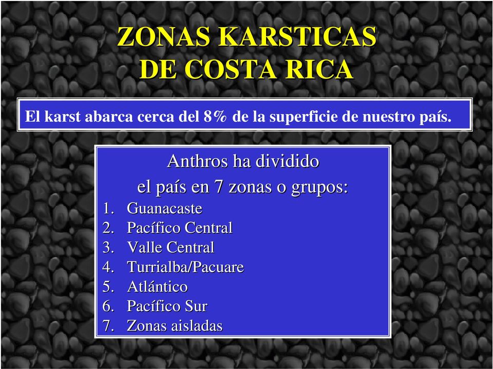Anthros ha dividido el país en 7 zonas o grupos: 1. Guanacaste 2.