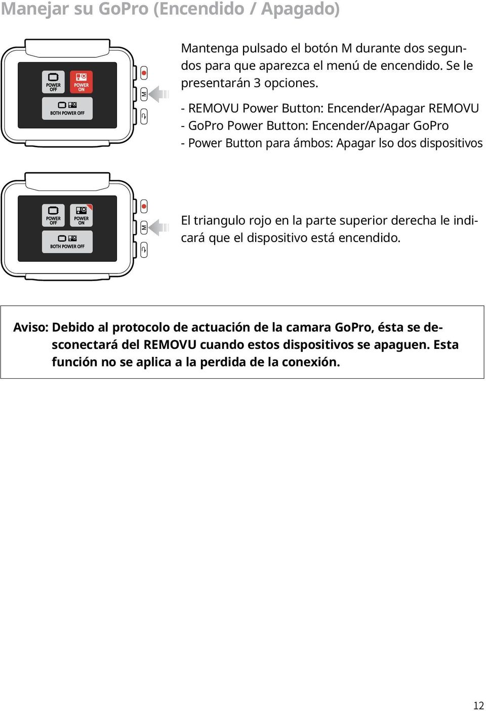 - REMOVU Power Button: Encender/Apagar REMOVU - GoPro Power Button: Encender/Apagar GoPro - Power Button para ámbos: Apagar lso dos dispositivos