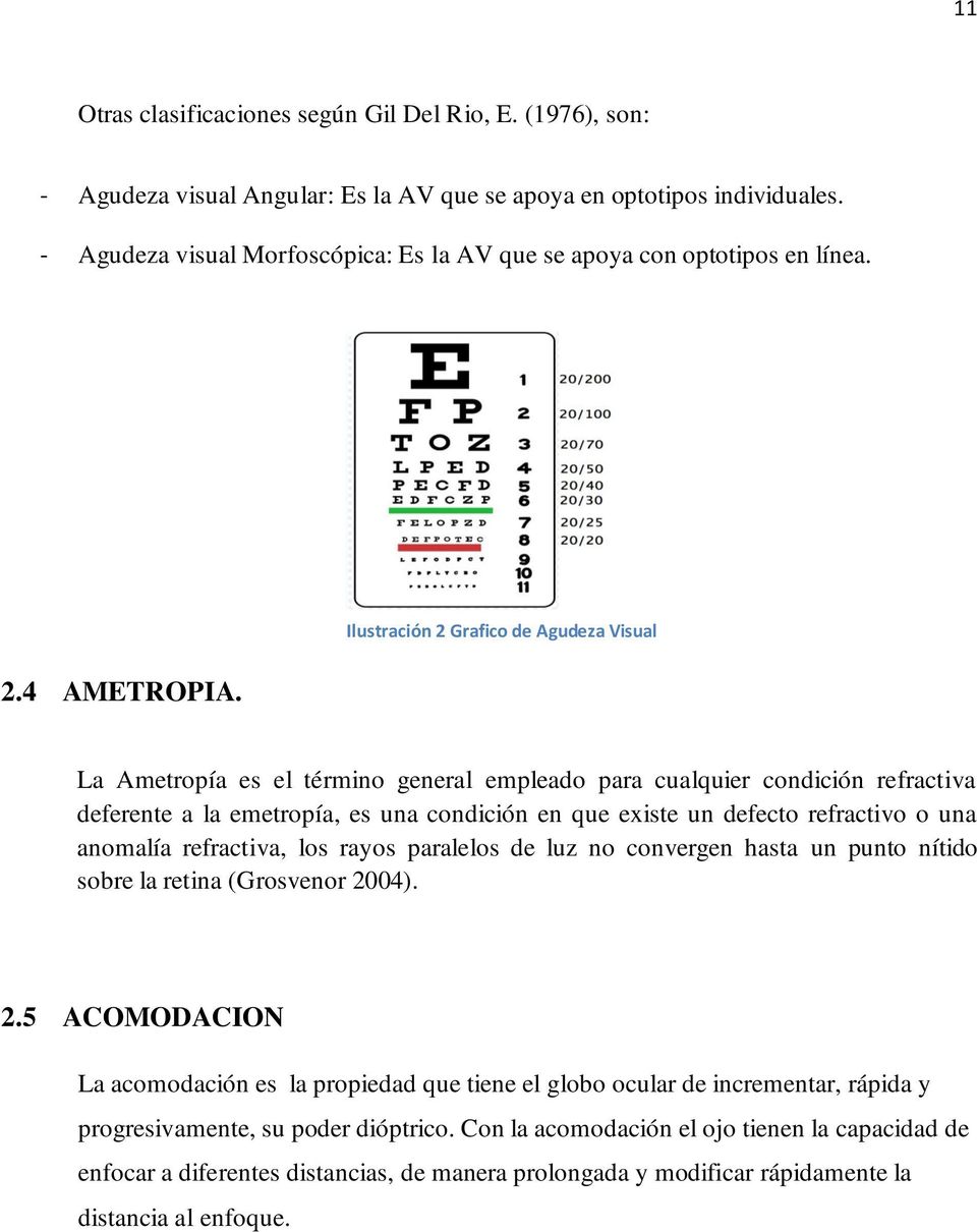 Ilustración 2 Grafico de Agudeza Visual La Ametropía es el término general empleado para cualquier condición refractiva deferente a la emetropía, es una condición en que existe un defecto refractivo