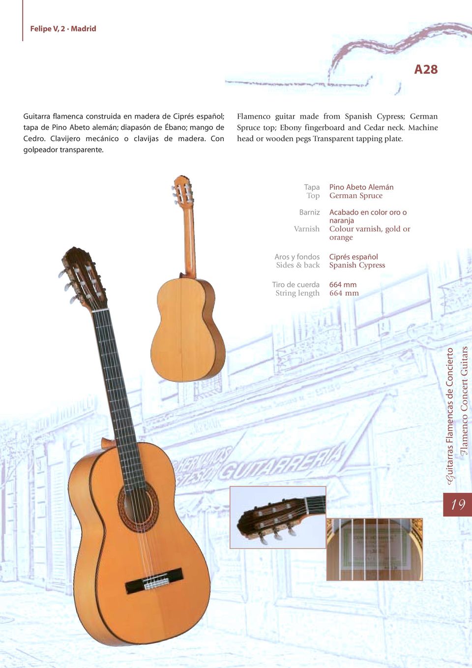 Flamenco guitar made from Spanish Cypress; German Spruce top; Ebony fingerboard and Cedar neck.