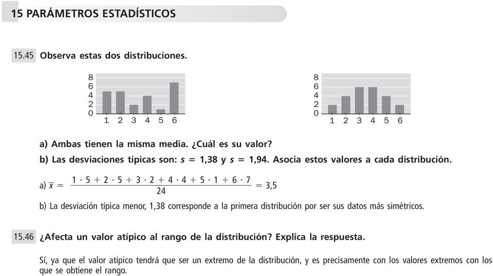 1 3 1 7 a) x 3, b) La desviación típica menor, 1,38 corresponde a la primera distribución por ser sus datos más simétricos. 1. Afecta un valor atípico al rango de la distribución?