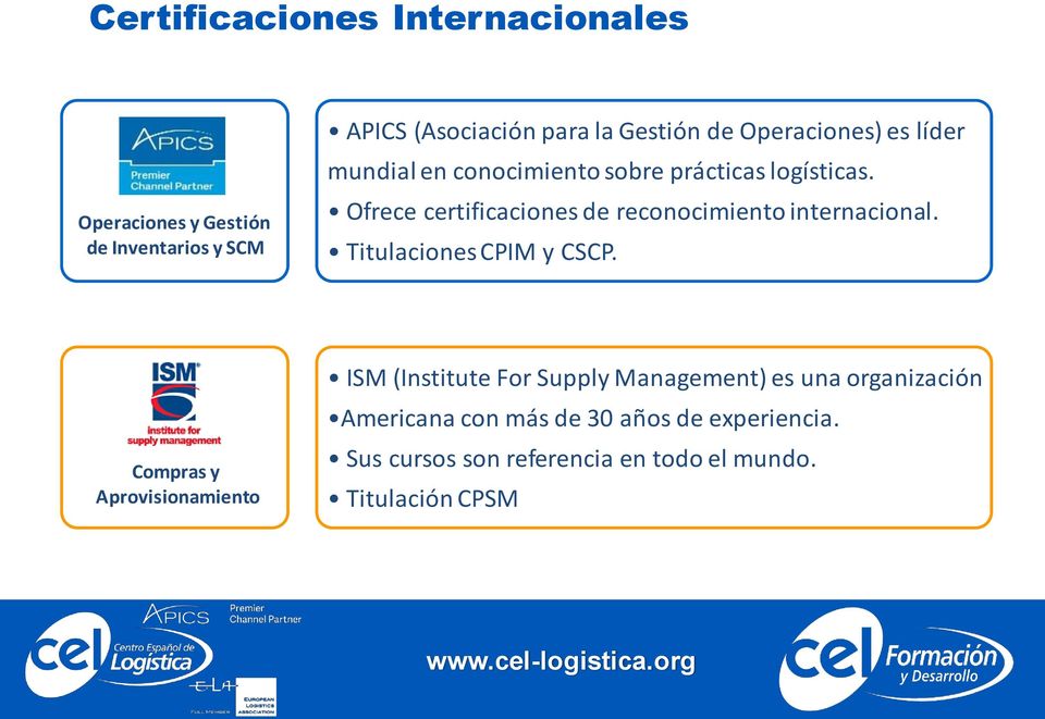Ofrece certificaciones de reconocimiento internacional. Titulaciones CPIM y CSCP.