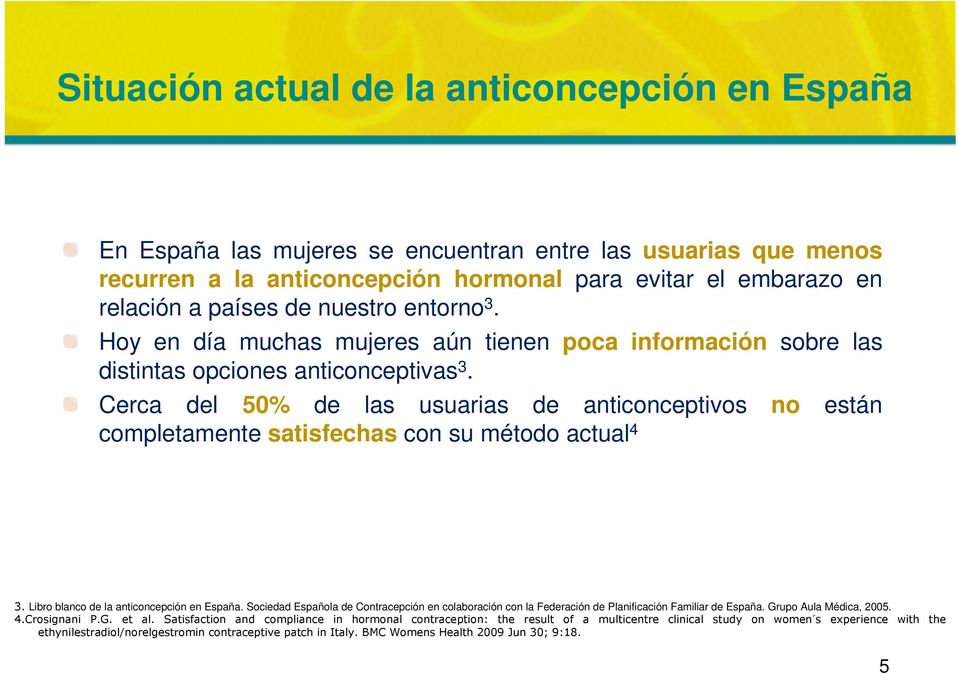 Cerca del 50% de las usuarias de anticonceptivos no están completamente satisfechas con su método actual 4 3. Libro blanco de la anticoncepción en España.