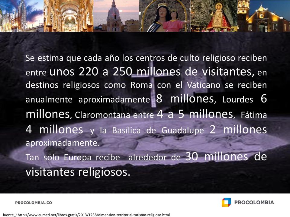 religiosos como Roma con el Vaticano se reciben anualmente aproximadamente 8 millones, Lourdes 6 millones, Claromontana entre