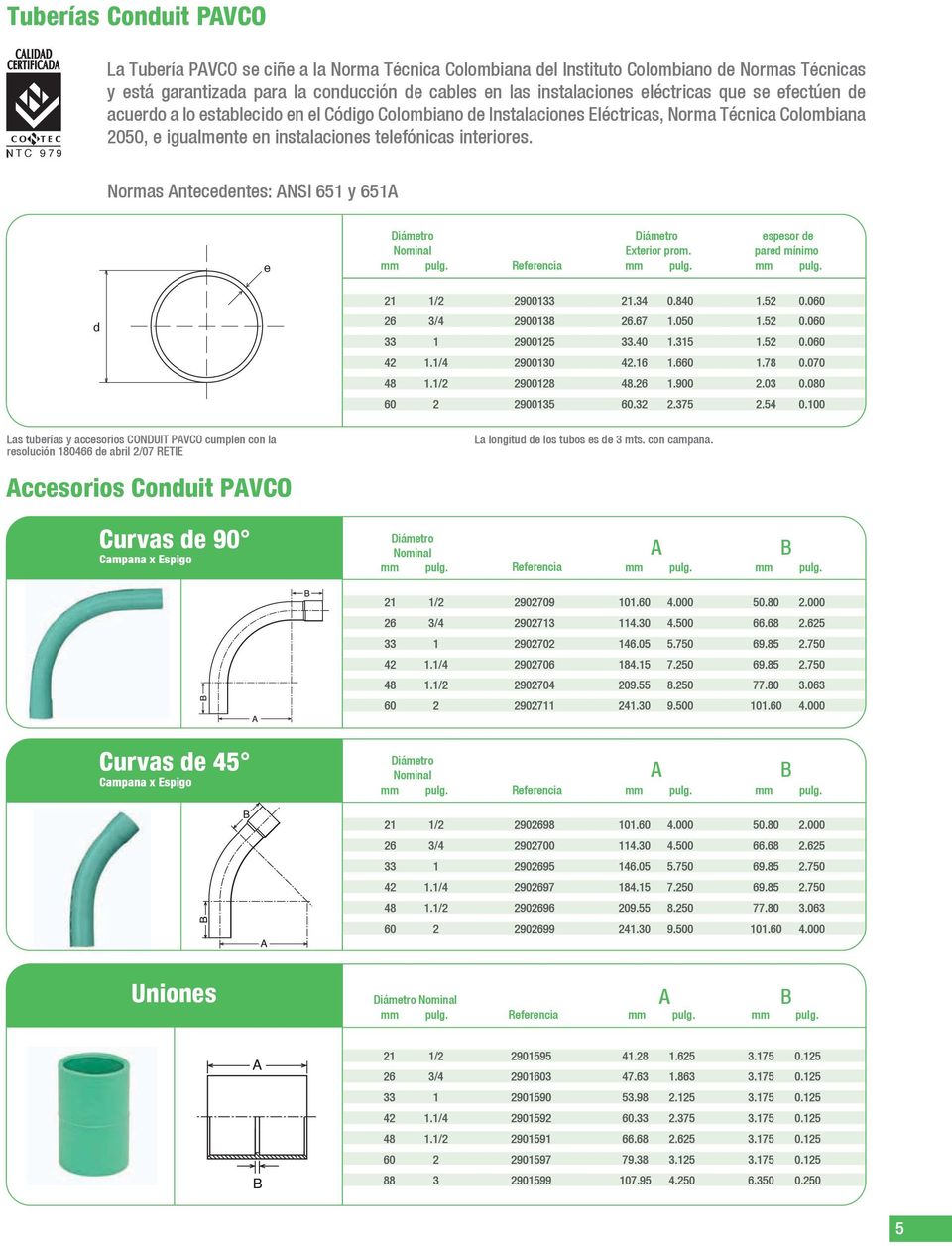 Normas ntecedentes: NSI 65 y 65 Nominal Exterior prom. espesor de pared mínimo / 9..8.5.6 6 / 98 95 6.67..5.5.5.5.6.6./ 9.6.66.78.7 8./ 98 8.6.9..8 6 95 6..75.5. Las tuberías y accesorios CONDUIT PVCO cumplen con la resolución 866 de abril /7 RETIE ccesorios Conduit PVCO La longitud de los tubos es de mts.