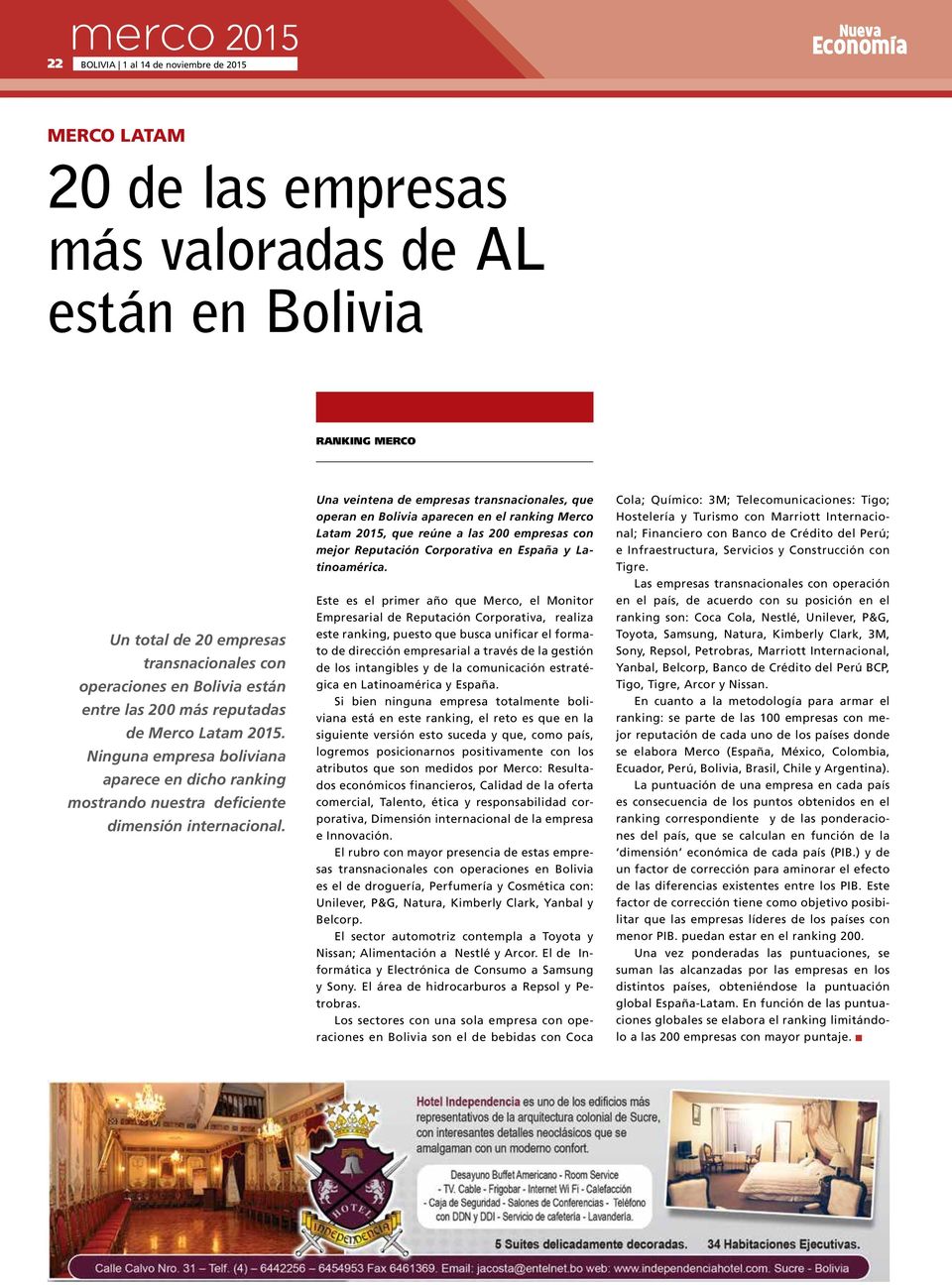 Una veintena de empresas transnacionales, que operan en Bolivia aparecen en el ranking Merco Latam, que reúne a las 200 empresas con mejor Reputación Corporativa en España y Latinoamérica.