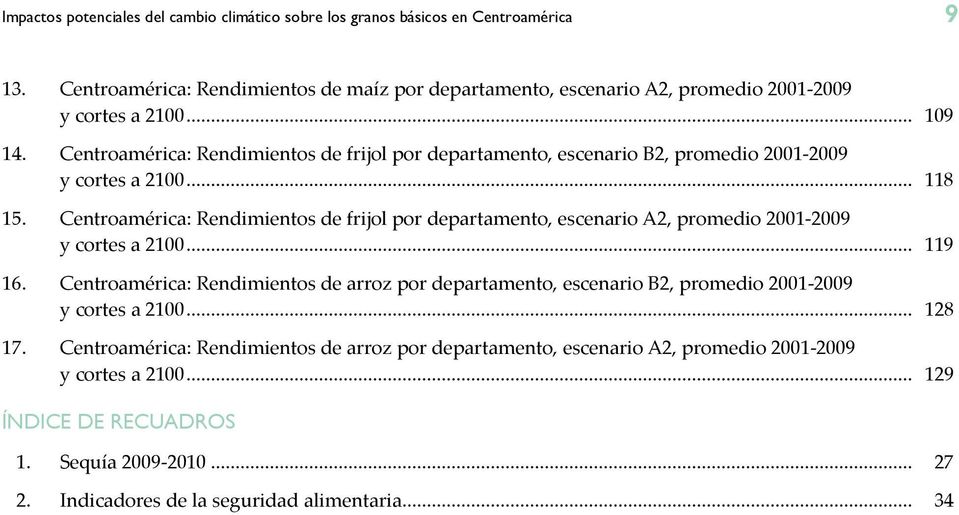 Centroamérica: Rendimientos de frijol por departamento, escenario B2, promedio 21-29 y cortes a 21... 118 15.