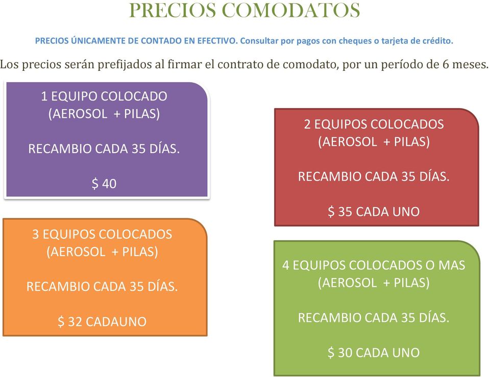 1 EQUIPO COLOCADO (AEROSOL + PILAS) RECAMBIO CADA 35 DÍAS. $ 40 3 EQUIPOS COLOCADOS (AEROSOL + PILAS) RECAMBIO CADA 35 DÍAS.