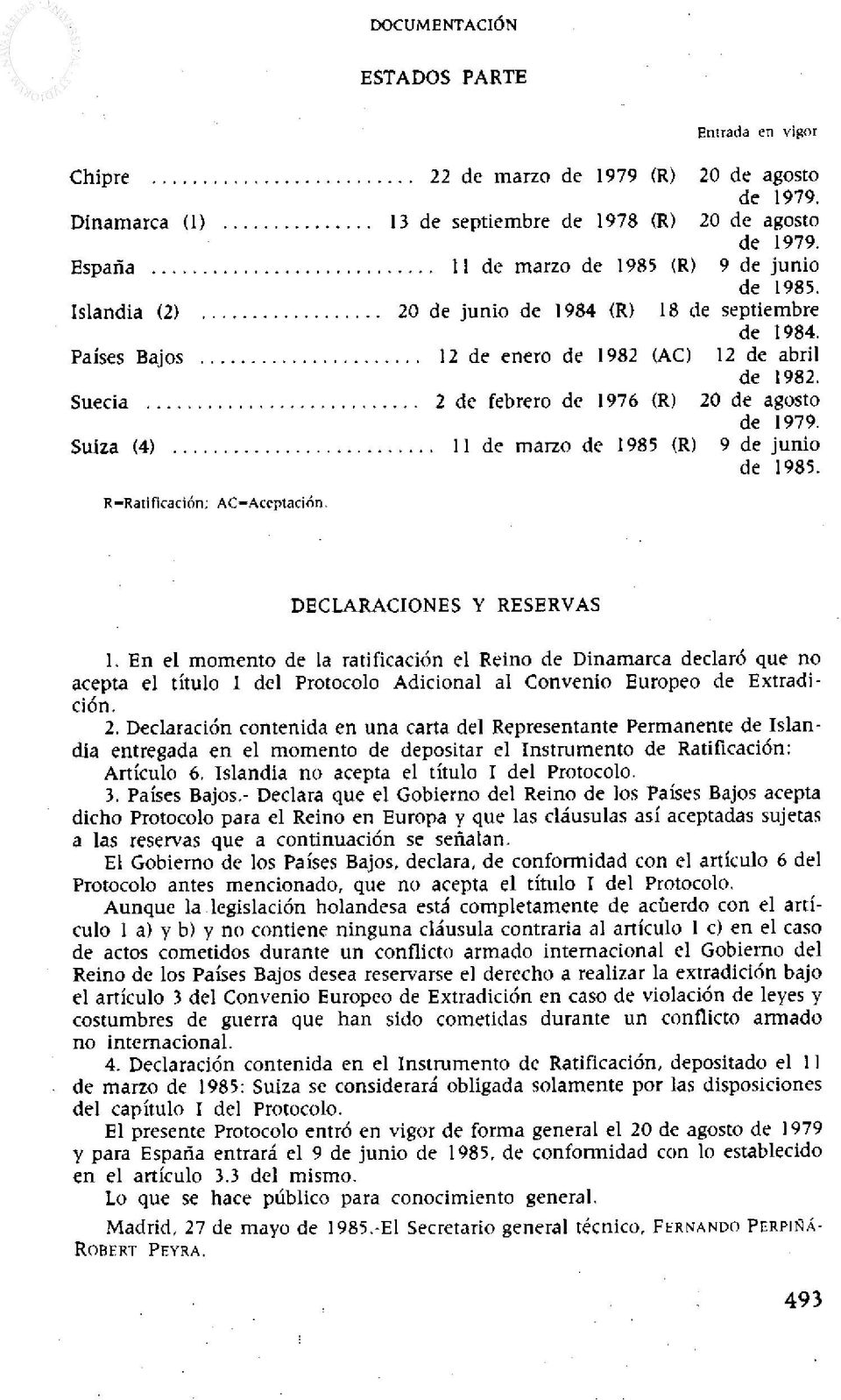 Suiza (4) 11 de marzo de 1985 (R) 9 de junio de 1985. R=Ratificación; AC=Aceptación. DECLARACIONES Y RESERVAS 1.