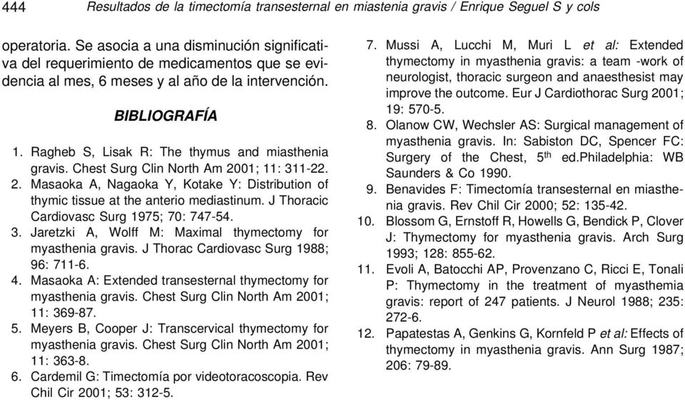 Ragheb S, Lisak R: The thymus and miasthenia gravis. Chest Surg Clin North Am 2001; 11: 311-22. 2. Masaoka A, Nagaoka Y, Kotake Y: Distribution of thymic tissue at the anterio mediastinum.