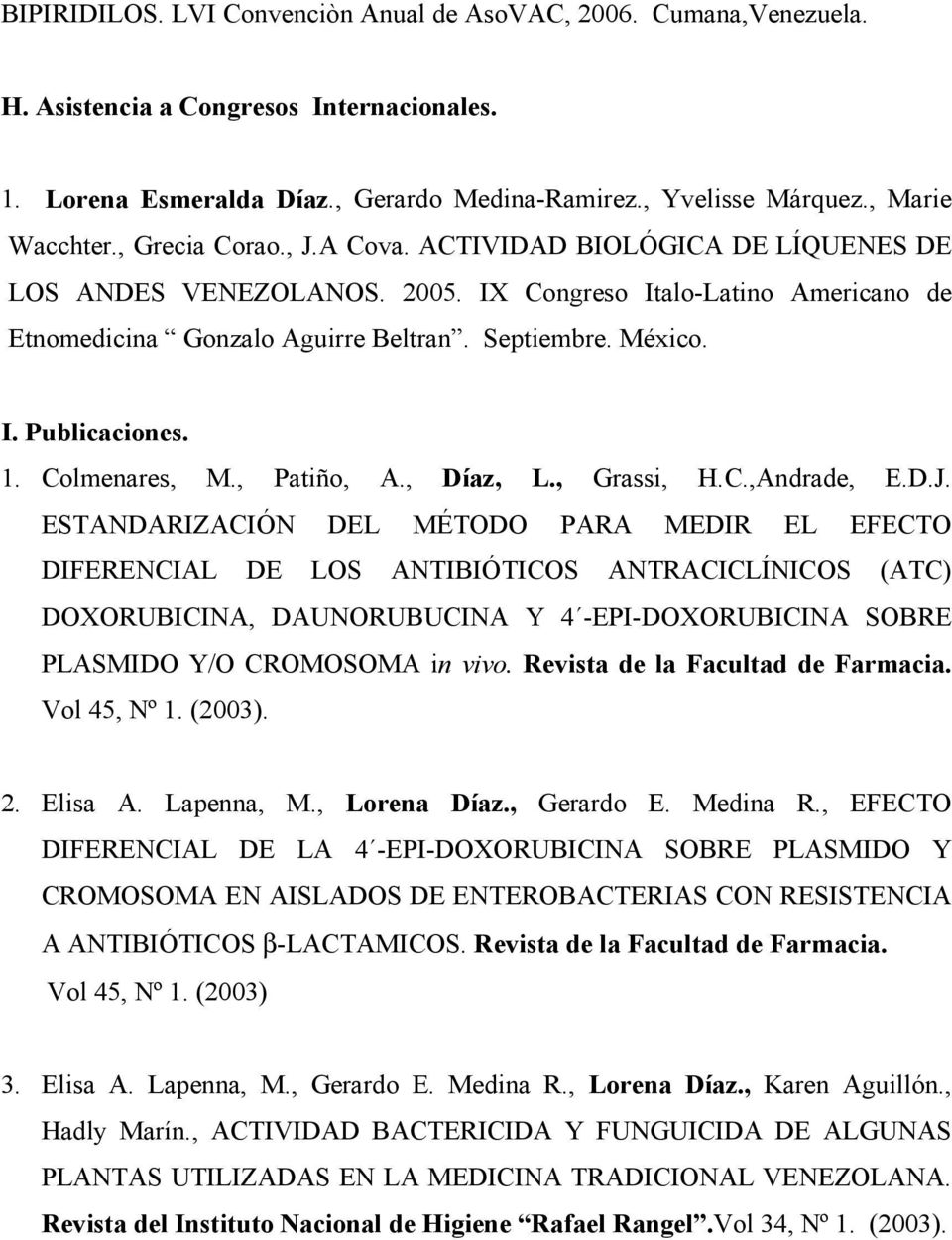 1. Colmenares, M., Patiño, A., Díaz, L., Grassi, H.C.,Andrade, E.D.J.