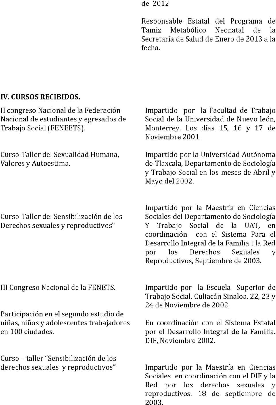 Impartido por la Facultad de Trabajo Social de la Universidad de Nuevo león, Monterrey. Los días 15, 16 y 17 de Noviembre 2001.