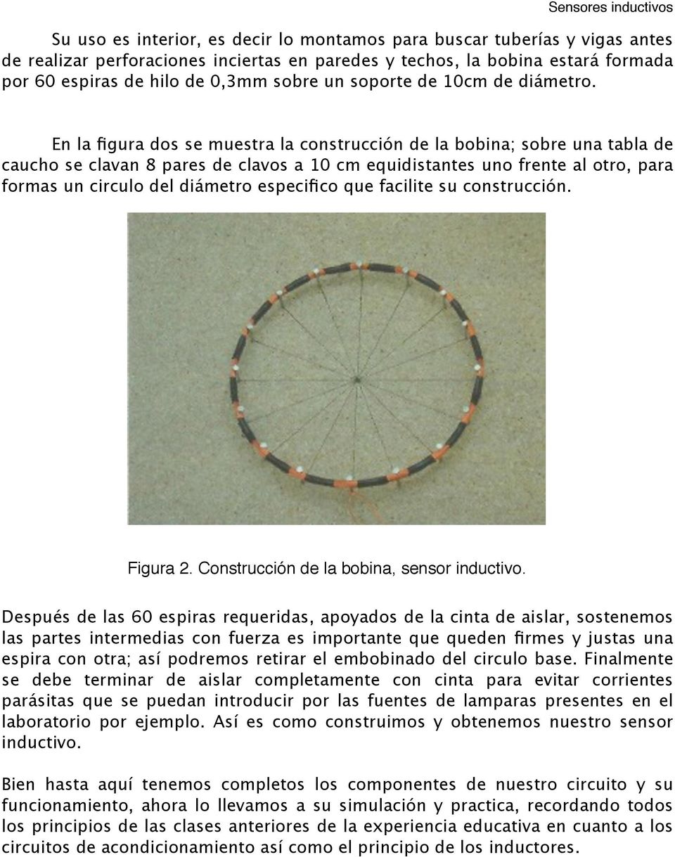 En la figura dos se muestra la construcción de la bobina; sobre una tabla de caucho se clavan 8 pares de clavos a 10 cm equidistantes uno frente al otro, para formas un circulo del diámetro