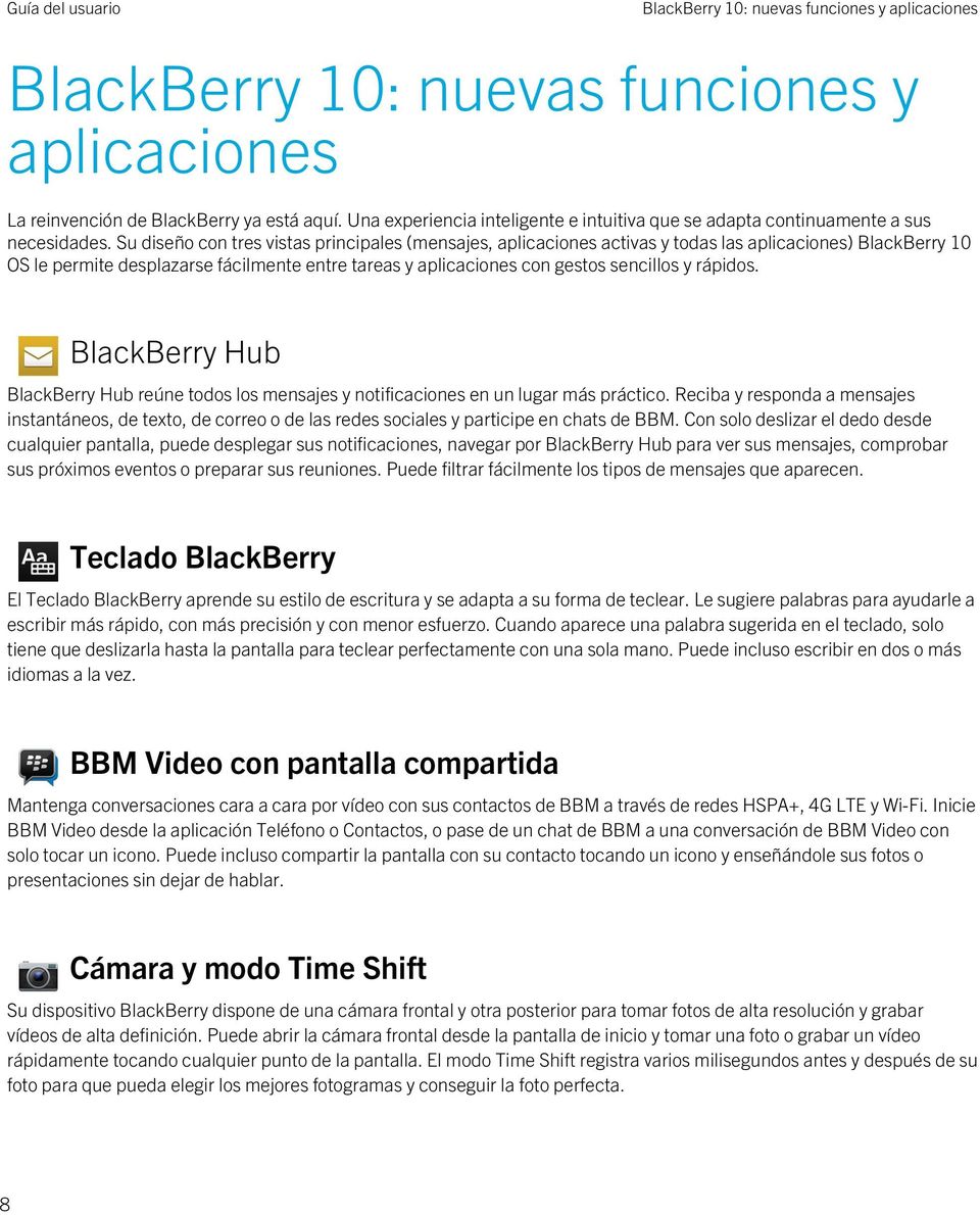 Su diseño con tres vistas principales (mensajes, aplicaciones activas y todas las aplicaciones) BlackBerry 10 OS le permite desplazarse fácilmente entre tareas y aplicaciones con gestos sencillos y