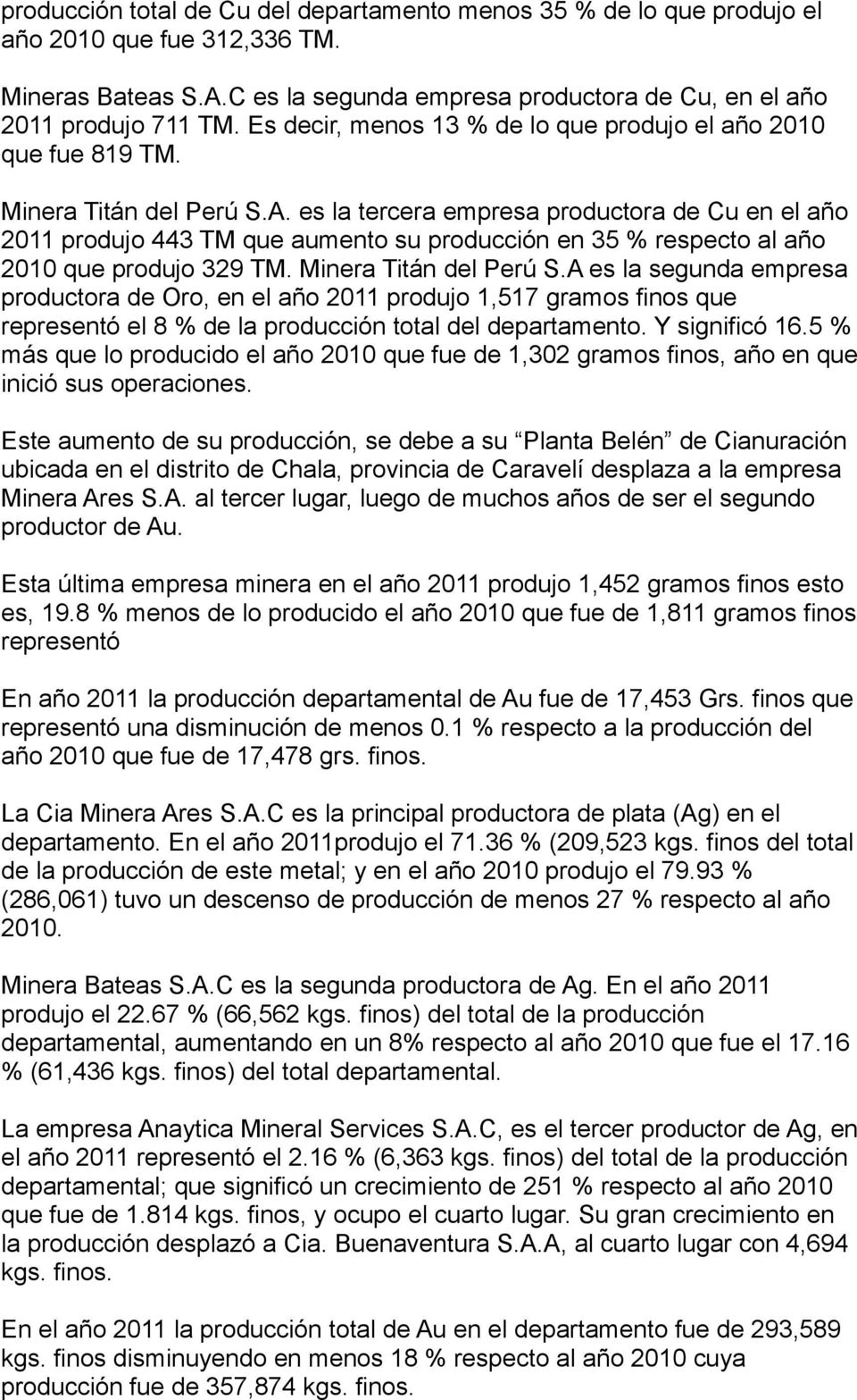 es la tercera empresa productora de Cu en el año 2011 produjo 443 TM que aumento su producción en 35 % respecto al año 2010 que produjo 329 TM. Minera Titán del Perú S.