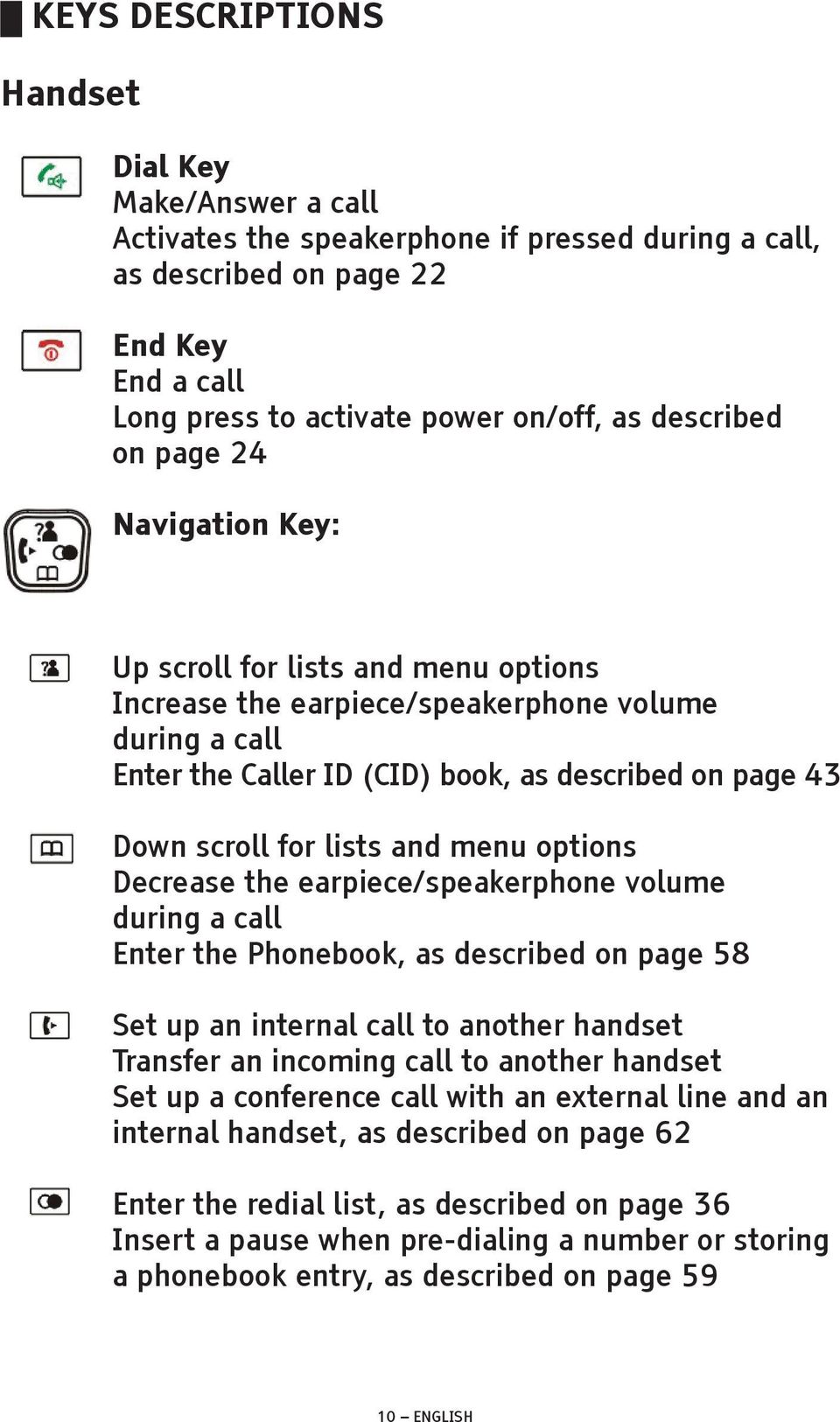 and menu options Decrease the earpiece/speakerphone volume during a call Enter the Phonebook, as described on page 58 Set up an internal call to another handset Transfer an incoming call to another