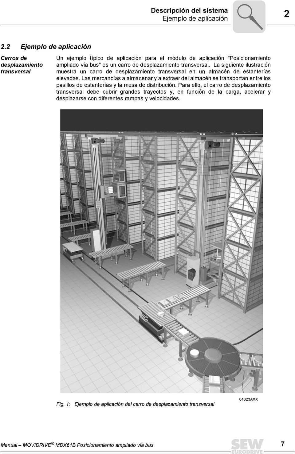 transversal. La siguiente ilustración muestra un carro de desplazamiento transversal en un almacén de estanterías elevadas.