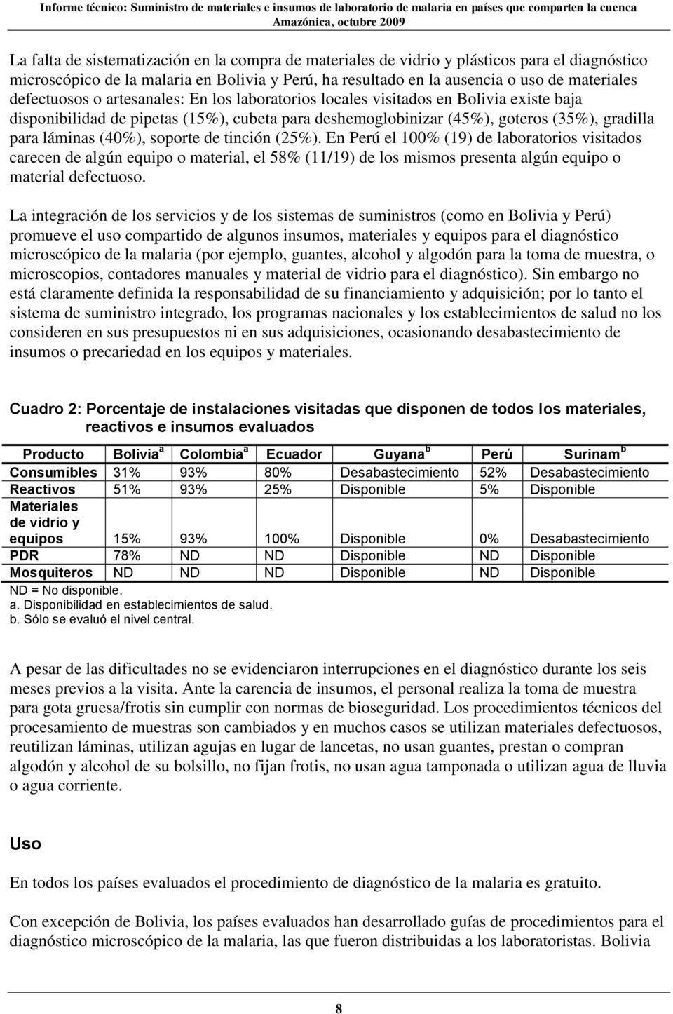 en Bolivia existe baja disponibilidad de pipetas (15%), cubeta para deshemoglobinizar (45%), goteros (35%), gradilla para láminas (40%), soporte de tinción (25%).