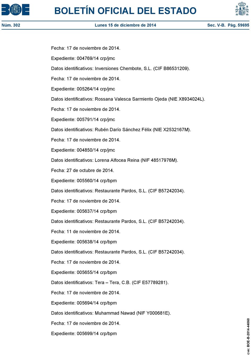 Expediente: 004850/14 crp/jmc Datos identificativos: Lorena Alfocea Reina (NIF 48517976M). Fecha: 27 de octubre de 2014.