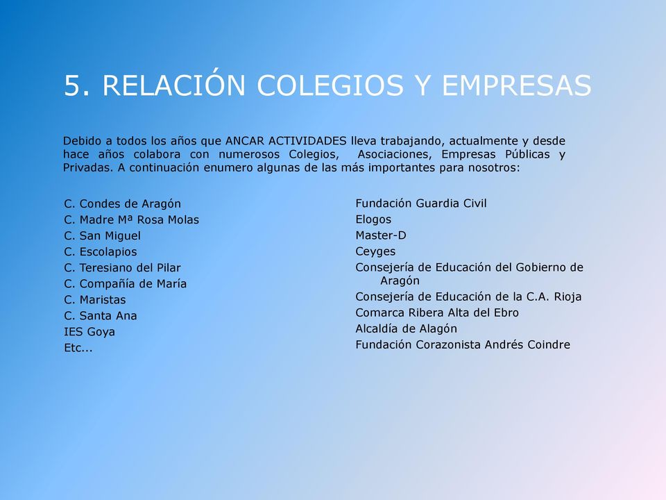 San Miguel C. Escolapios C. Teresiano del Pilar C. Compañía de María C. Maristas C. Santa Ana IES Goya Etc.