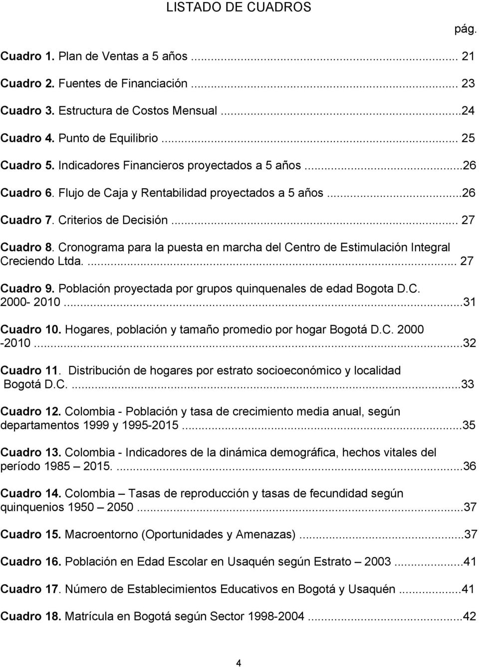 Cronograma para la puesta en marcha del Centro de Estimulación Integral Creciendo Ltda.... 27 Cuadro 9. Población proyectada por grupos quinquenales de edad Bogota D.C. 2000-2010...31 Cuadro 10.