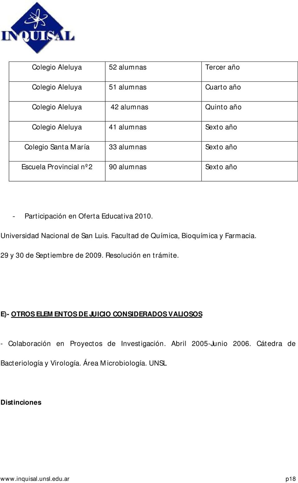 Universidad Nacional de San Luis. Facultad de Química, Bioquímica y Farmacia. 29 y 30 de Septiembre de 2009. Resolución en trámite.