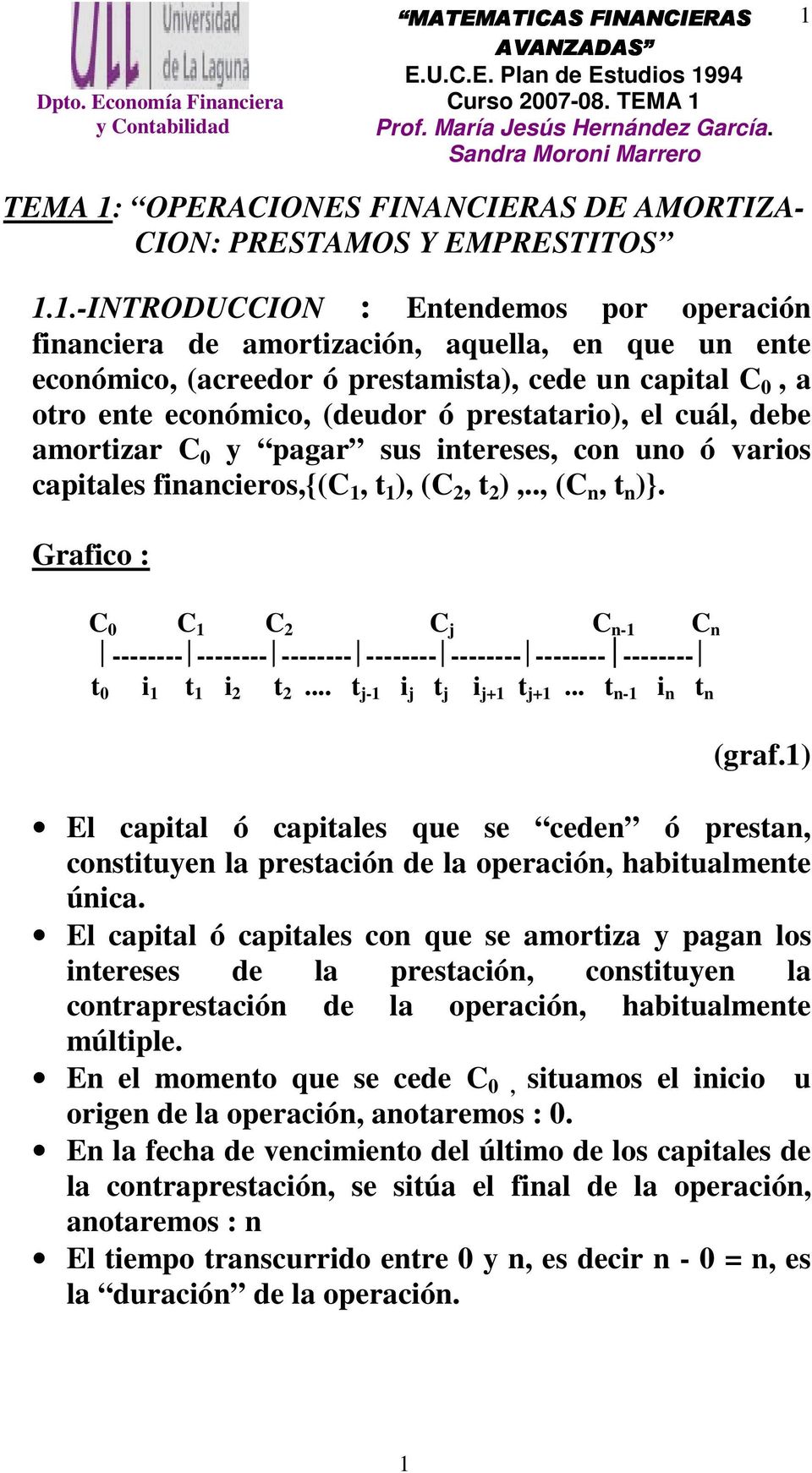 amortizar C 0 y pagar sus itereses, co uo ó varios capitales fiacieros,{(c, t ), (C 2, t 2 ),.., (C, t )}. Grafico : C 0 C C 2 C C - C t 0 i t i 2 t 2... t - i t i + t +... t - i t (graf.