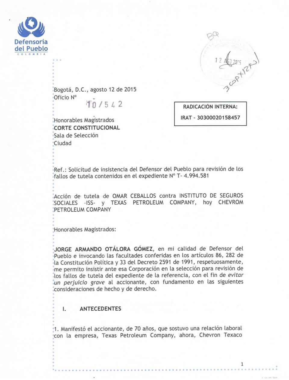581 "Acción de tutela de OMAR CEBALLOS contra INSTITUTO DE SEGUROS SOCIALES -ISS- y TEXAS PETROLEUM COMPANY, hoy CHEVROM.