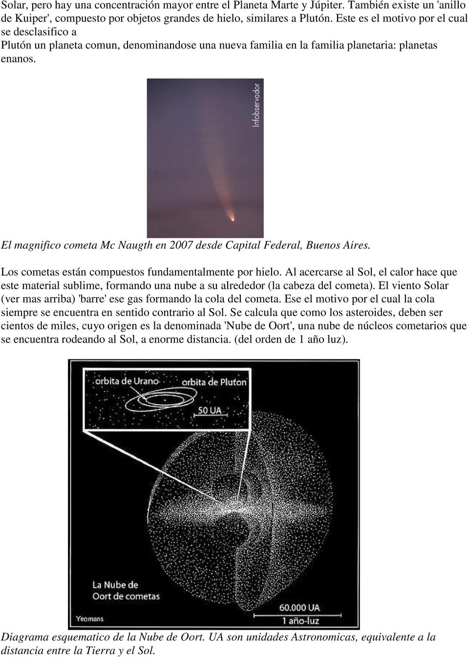 El magnifico cometa Mc Naugth en 2007 desde Capital Federal, Buenos Aires. Los cometas están compuestos fundamentalmente por hielo.