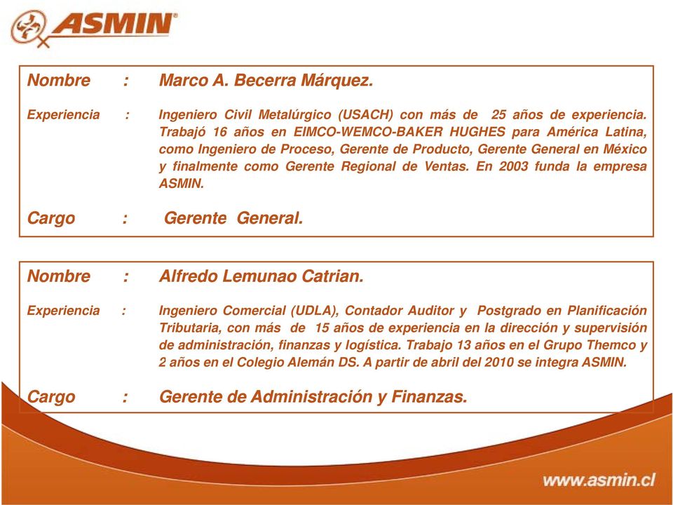En 2003 funda la empresa ASMIN. Cargo : Gerente General. Nombre : Alfredo Lemunao Catrian.