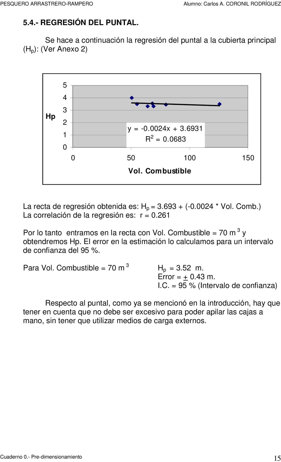 Combustible = 70 m 3 y obtendremos Hp. El error en la estimación lo calculamos para un intervalo de confianza del 95 %. Para Vol. Combustible = 70 m 3 H p = 3.52 m. Error = + 0.43 m. I.C. = 95 %