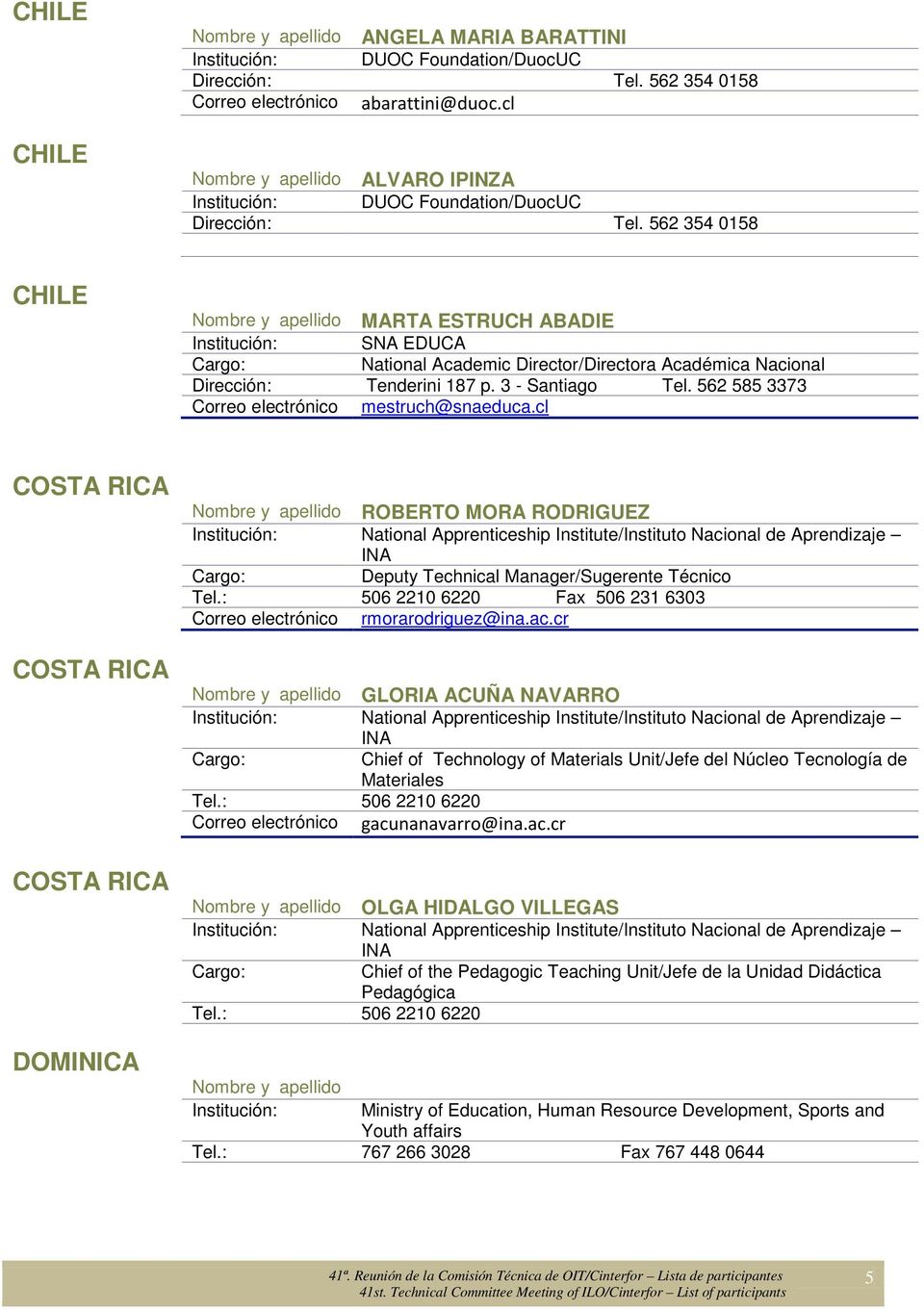 cl COSTA RICA COSTA RICA COSTA RICA DOMINICA ROBERTO MORA RODRIGUEZ National Apprenticeship Institute/Instituto Nacional de Aprendizaje INA Deputy Technical Manager/Sugerente Técnico Tel.