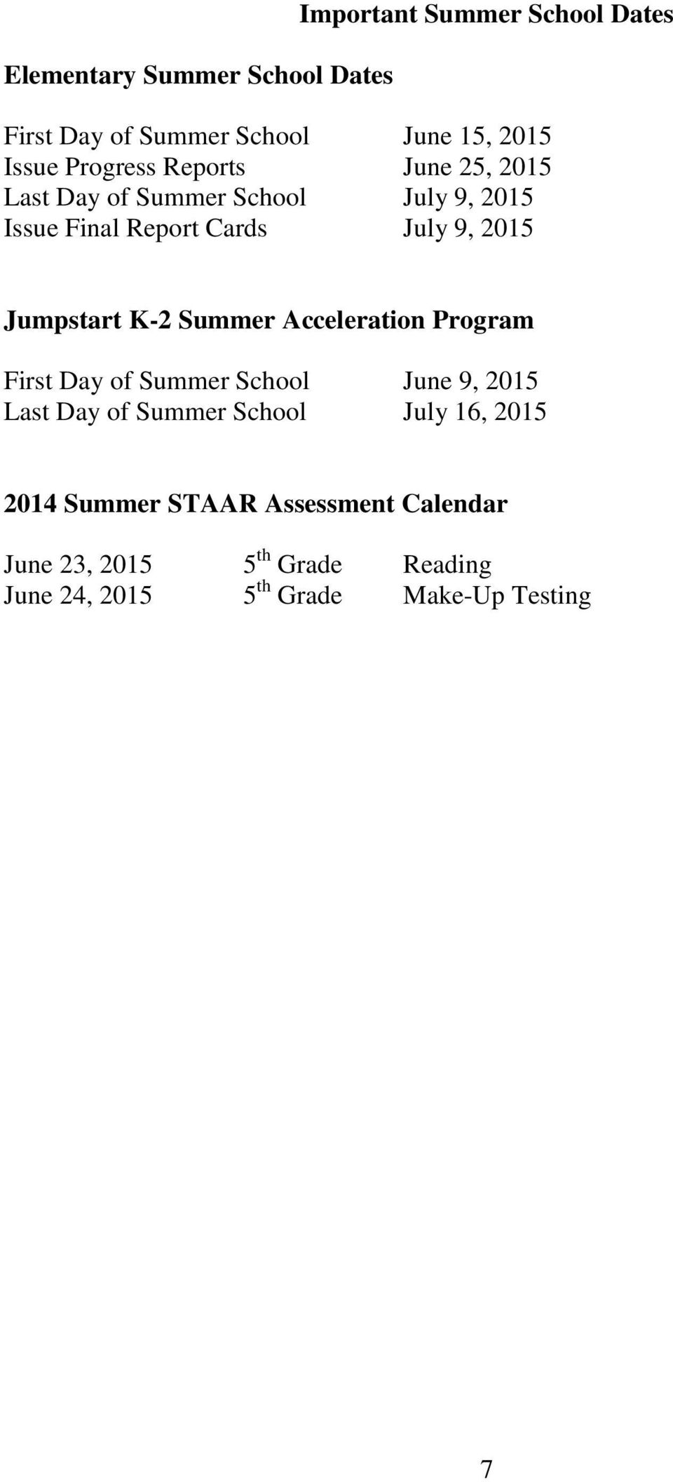 Jumpstart K-2 Summer Acceleration Program First Day of Summer School June 9, 2015 Last Day of Summer School July