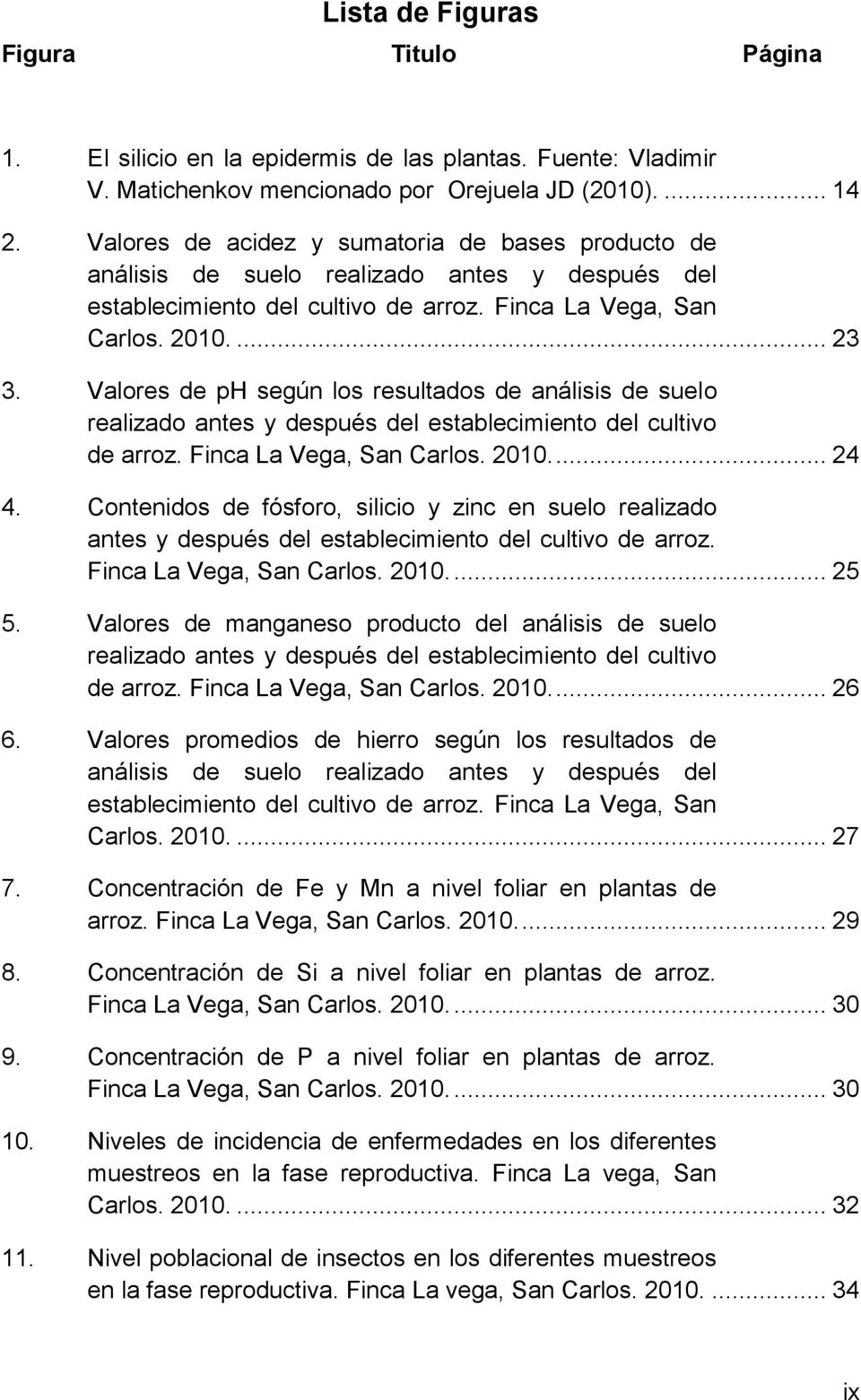 Valores de ph según los resultados de análisis de suelo realizado antes y después del establecimiento del cultivo de arroz. Finca La Vega, San Carlos. 2010.... 24 4.
