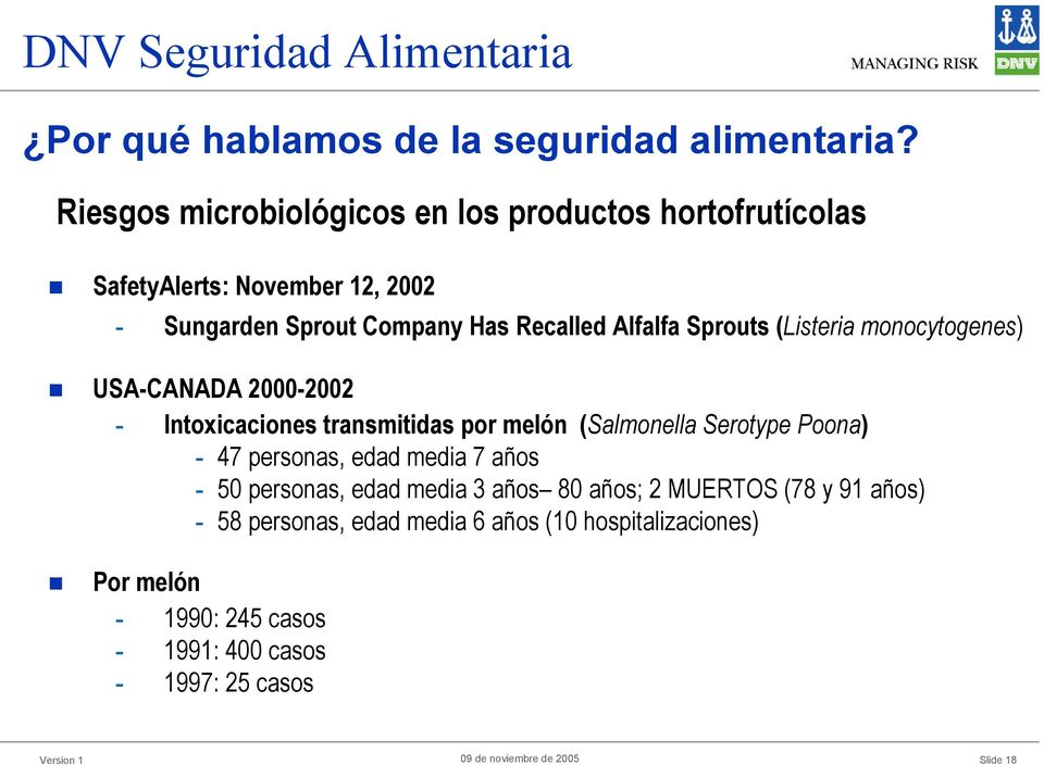 Sprouts (Listeria monocytogenes) USA-CANADA 2000-2002 - Intoxicaciones transmitidas por melón (Salmonella Serotype Poona) - 47 personas,