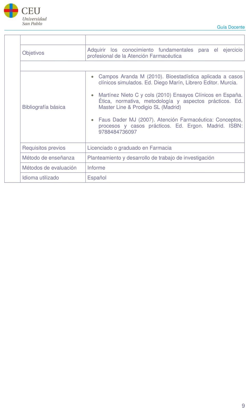 Ética, normativa, metodología y aspectos prácticos. Ed. Master Line & Prodigio SL (Madrid) Faus Dader MJ (2007). Atención Farmacéutica: Conceptos, procesos y casos prácticos.