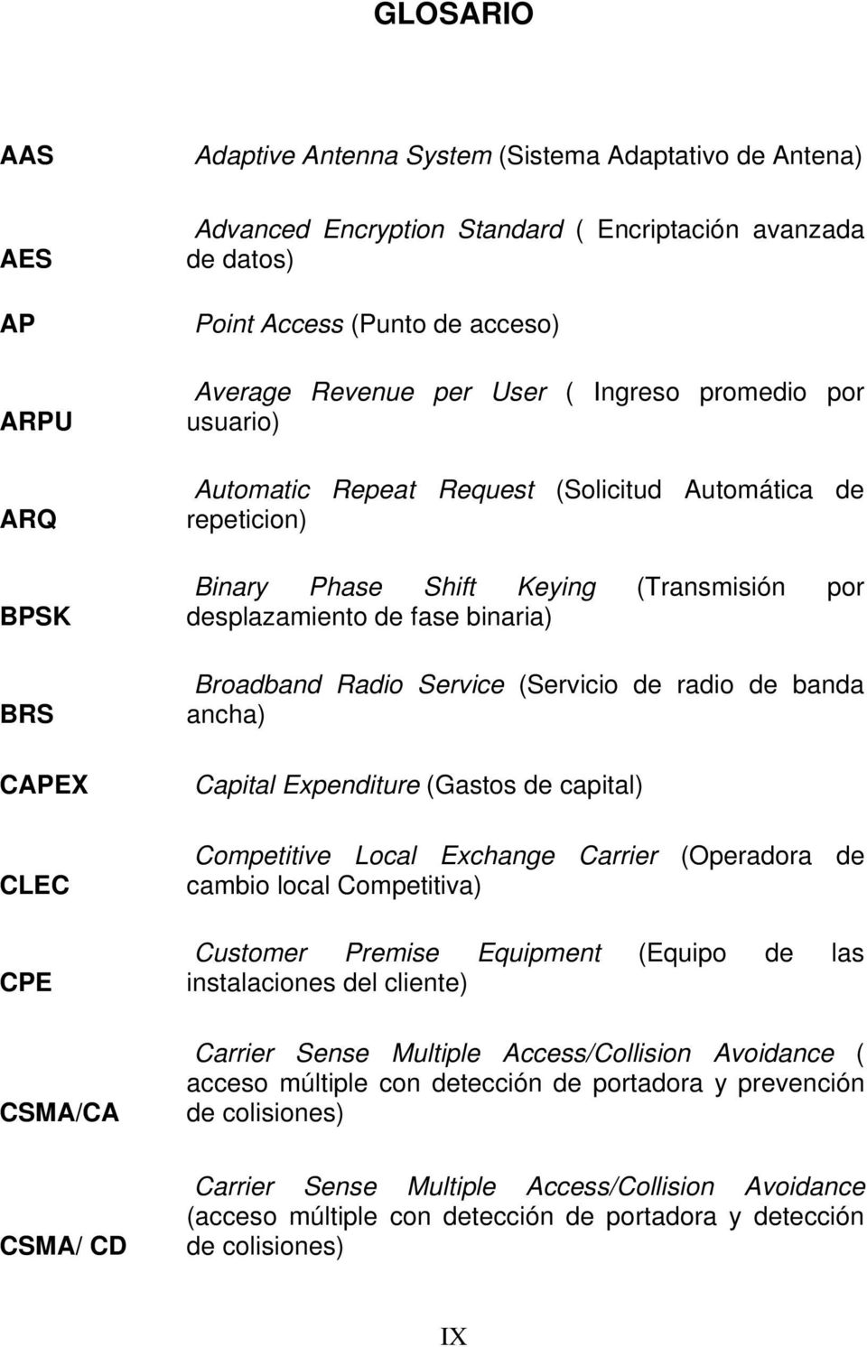 binaria) Broadband Radio Service (Servicio de radio de banda ancha) Capital Expenditure (Gastos de capital) Competitive Local Exchange Carrier (Operadora de cambio local Competitiva) Customer Premise