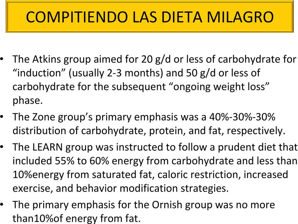 The Zone group s primary emphasis was a 40%-30%-30% distribution of carbohydrate, protein, and fat, respectively.