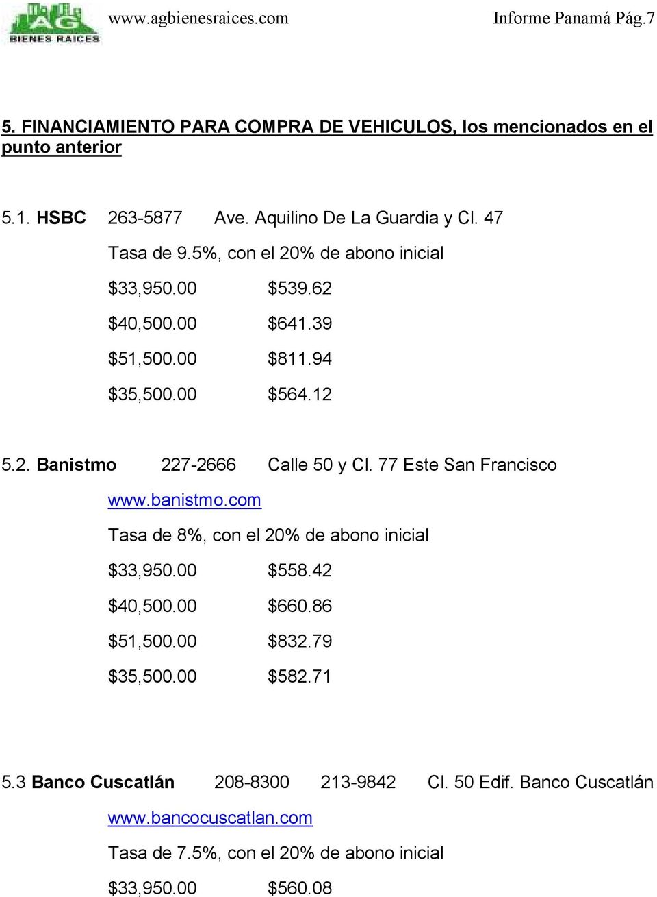 77 Este San Francisco www.banistmo.com Tasa de 8%, con el 20% de abono inicial $33,950.00 $558.42 $40,500.00 $660.86 $51,500.00 $832.79 $35,500.00 $582.