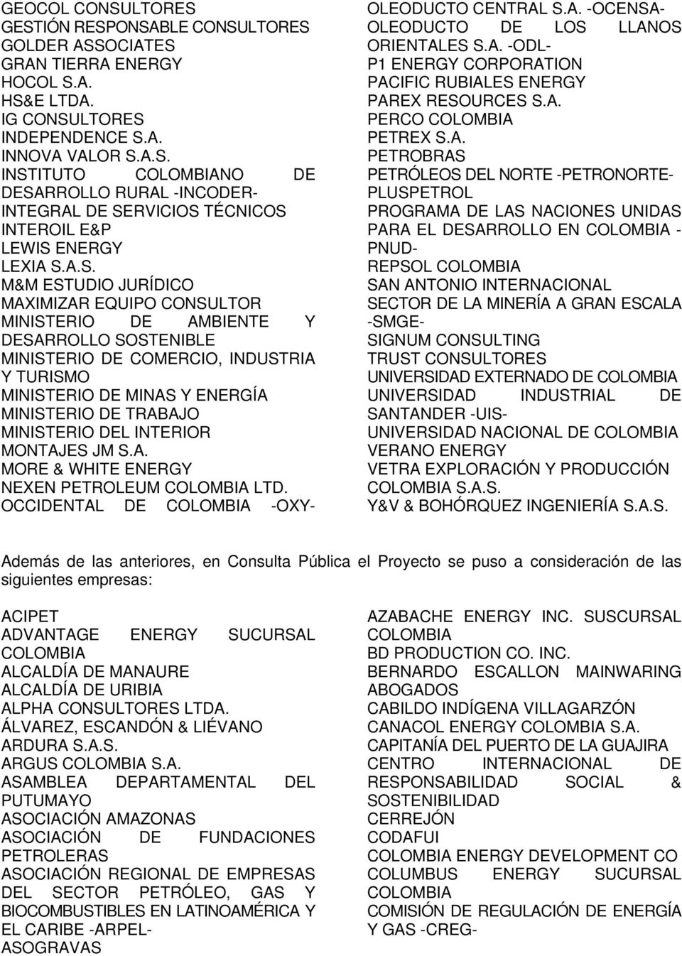 MINISTERIO DEL INTERIOR MONTAJES JM S.A. MORE & WHITE ENERGY NEXEN PETROLEUM COLOMBIA LTD. OCCIDENTAL DE COLOMBIA -OXY- OLEODUCTO CENTRAL S.A. -OCENSA- OLEODUCTO DE LOS LLANOS ORIENTALES S.A. -ODL- P1 ENERGY CORPORATION PACIFIC RUBIALES ENERGY PAREX RESOURCES S.