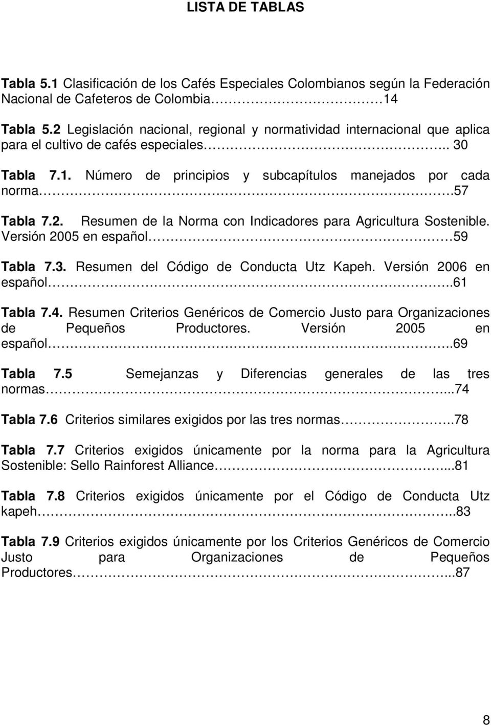 Versión 2005 en español 59 Tabla 7.3. Resumen del Código de Conducta Utz Kapeh. Versión 2006 en español..61 Tabla 7.4.